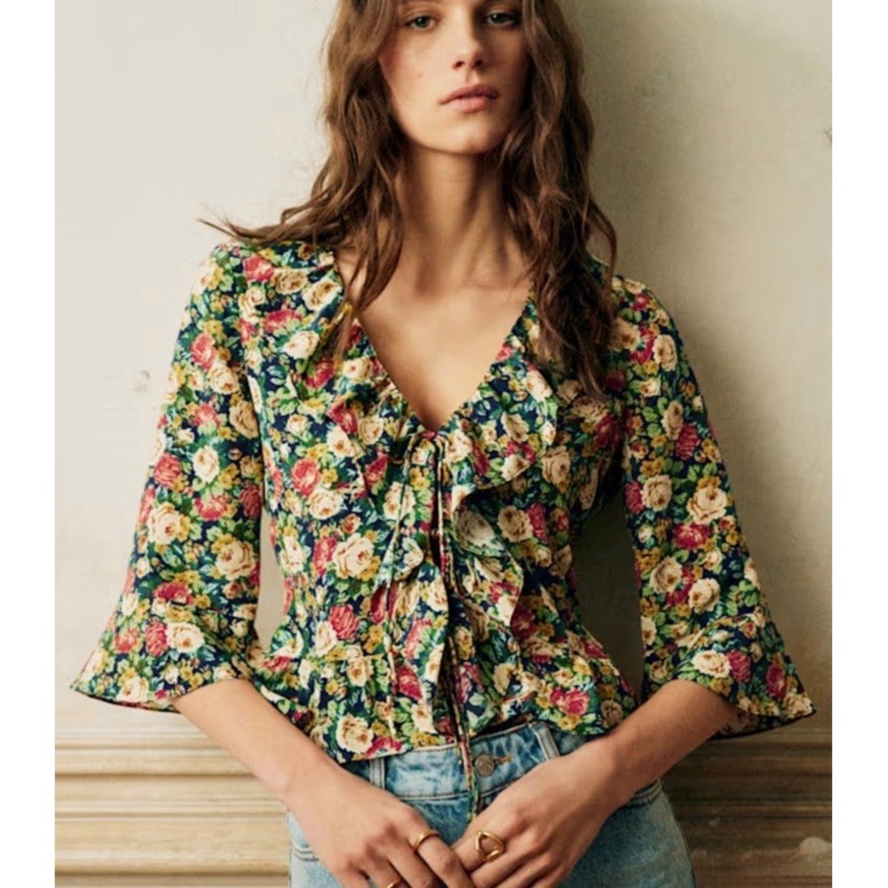 Sézane Yseline Shirt Alicante Blue Print Sz 42 Silk Floral Ruffle - Picture 1 of 13